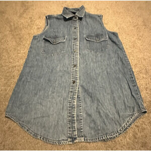 Gap Women Medium Shirt Denim‎ Cotton Sleeveless Pockets Light Blue Y2Ks